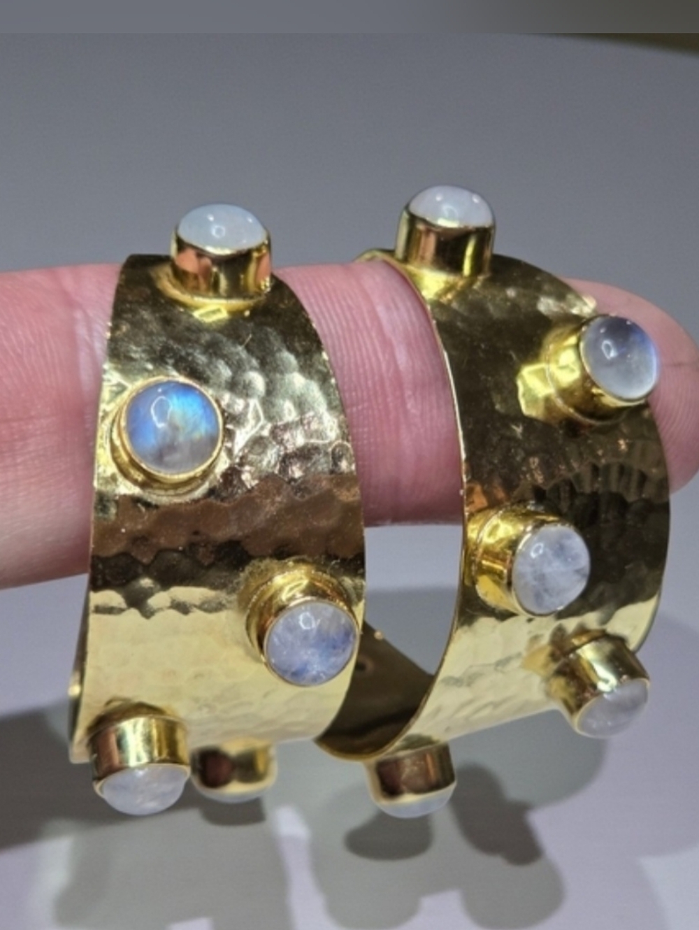 18k Gold Plated Chunky Hammered Genuine Flash Moonstone Crystal Hoop Earrings